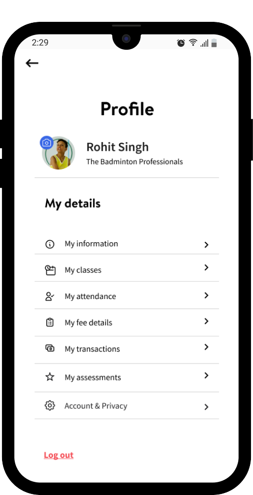 Student profile screen with details menu