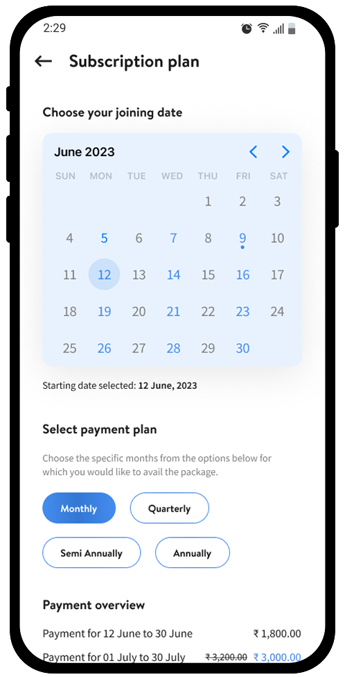 Subscription plan selection screen with calendar and payment options