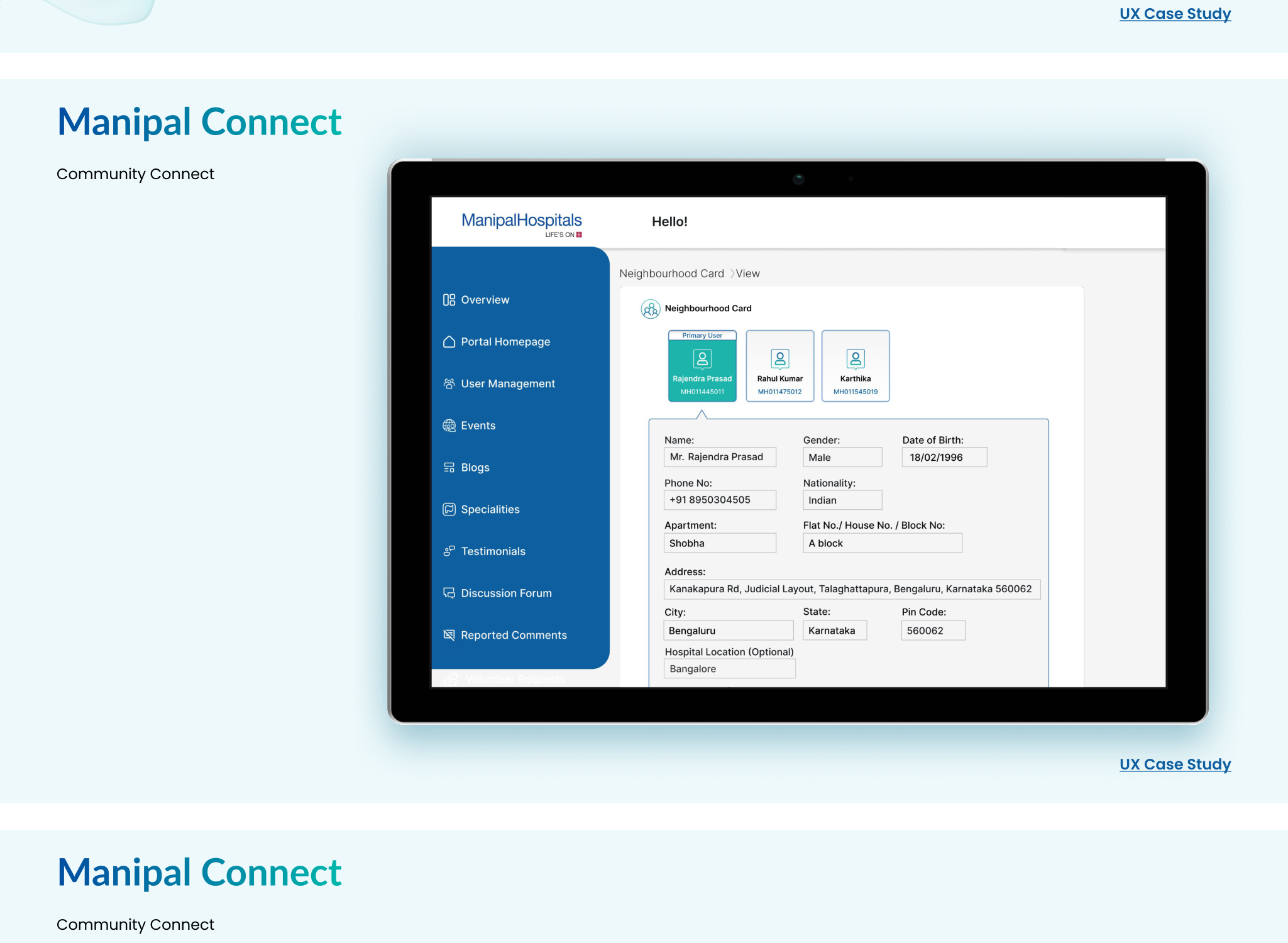 Neighbourhood Card admin view on tablet