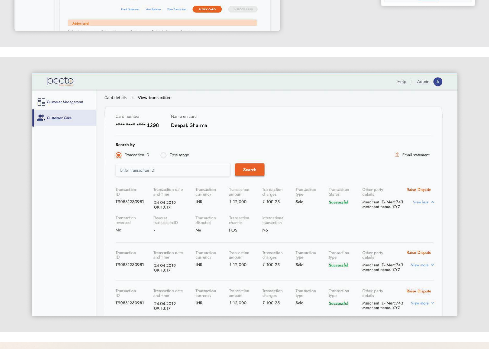 Pecto card details and transaction history screen
