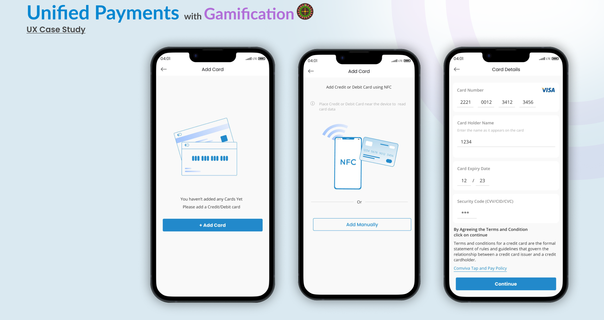 Add card, NFC linking, and card details screens