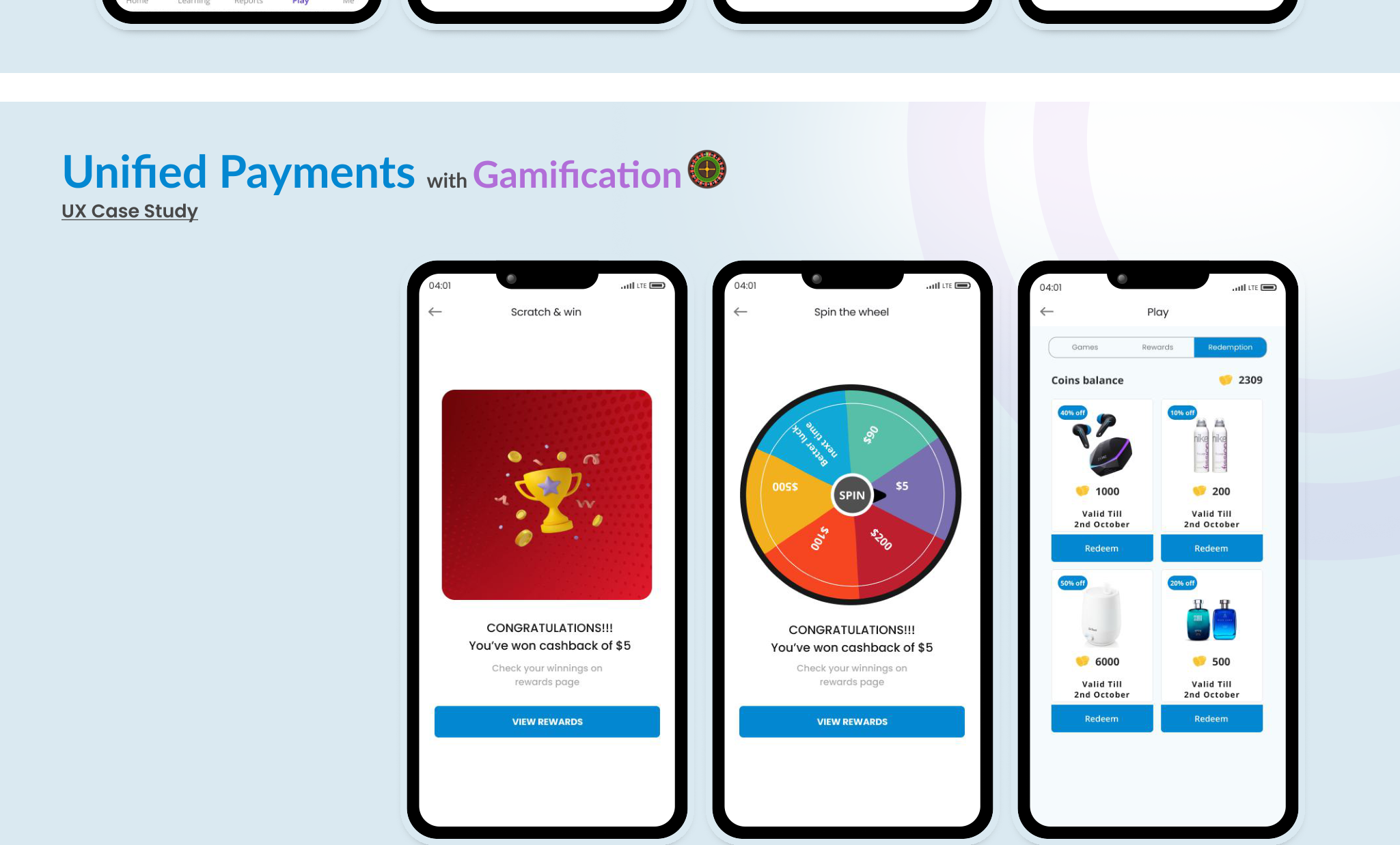 Scratch and win, spin the wheel, and coin balance screens