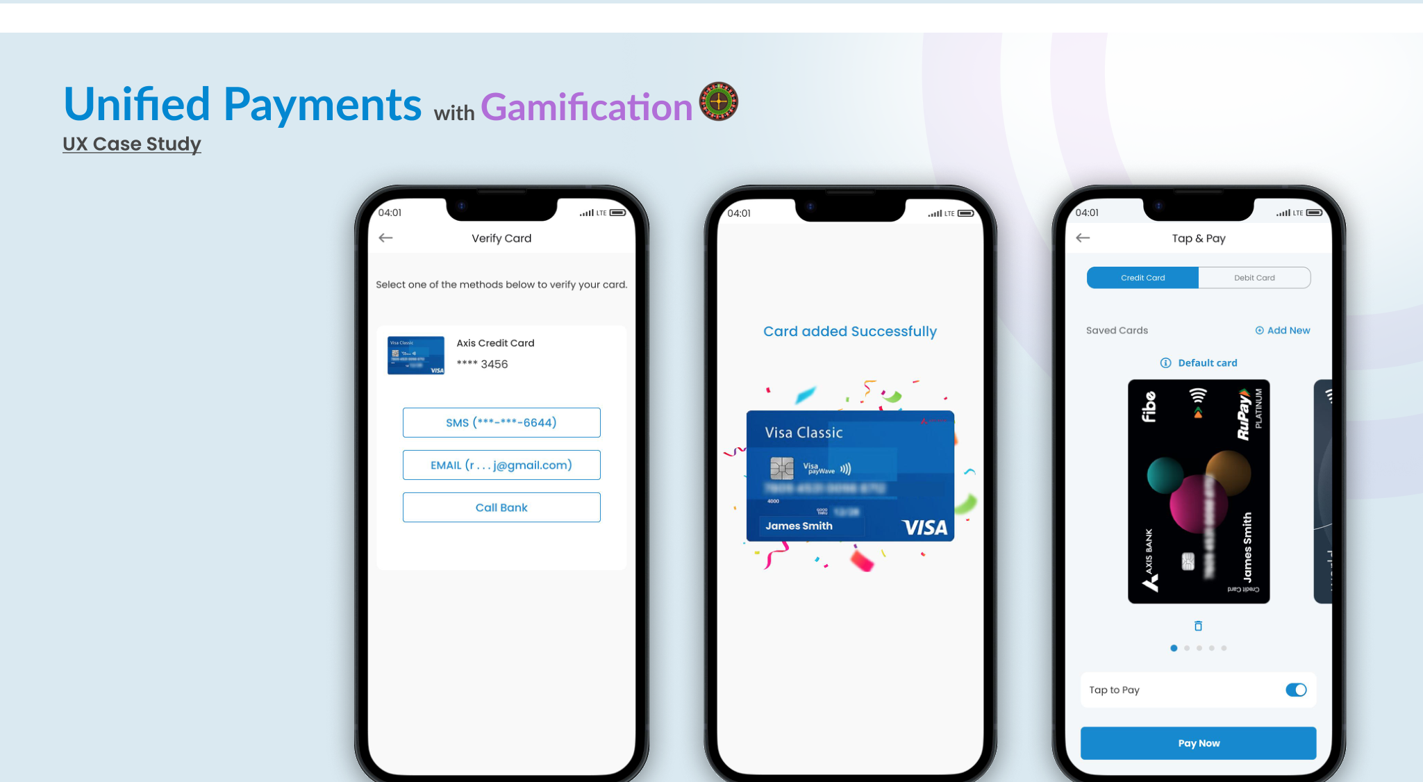 Verify card, card added confirmation, and Tap and Pay screen
